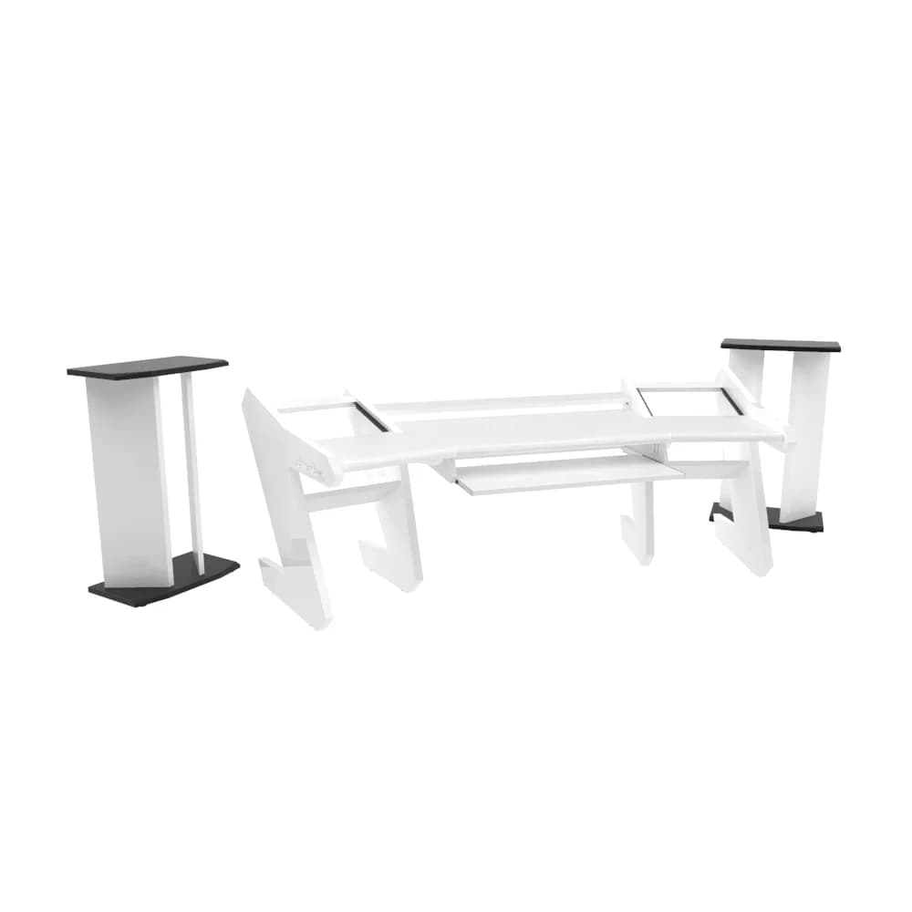 PRO LINE S Desk All white & V Tower speaker stands and Pull Out option Bundle