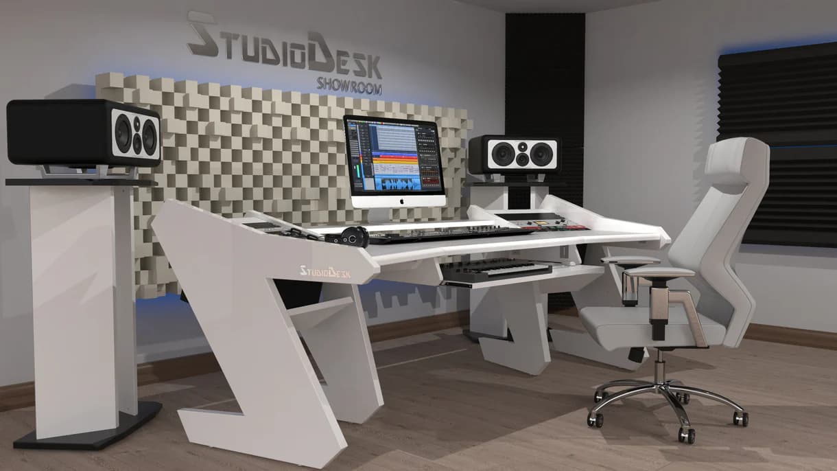 PRO LINE S Desk All white & V Tower speaker stands and Pull Out option Bundle