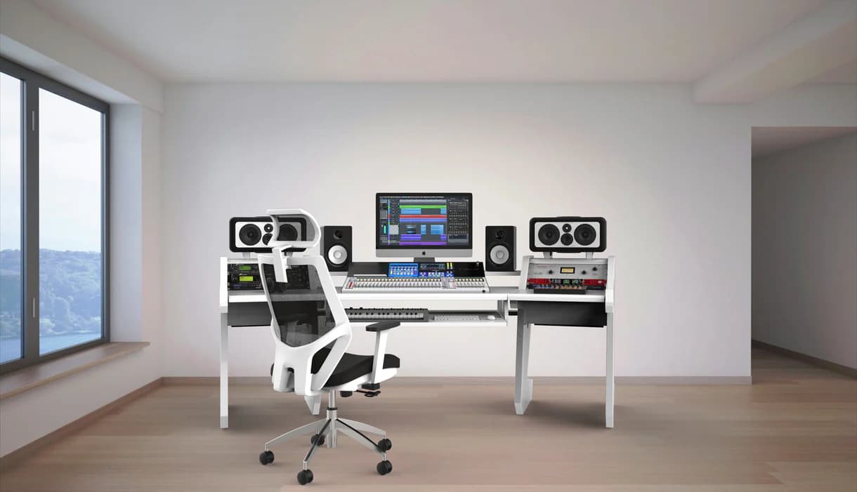PRO LINE Classic Desk all White, Pull out & Speaker stands bundle