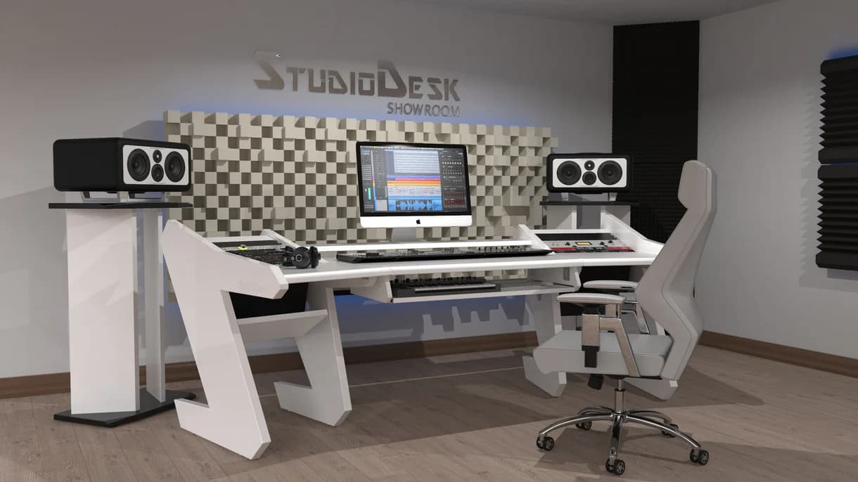 PRO LINE S Desk All white & V Tower speaker stands and Pull Out option Bundle