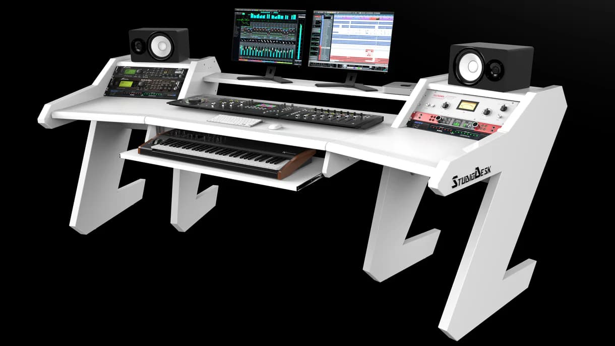 PRO LINE Classic Desk all White, Pull out & Speaker stands bundle