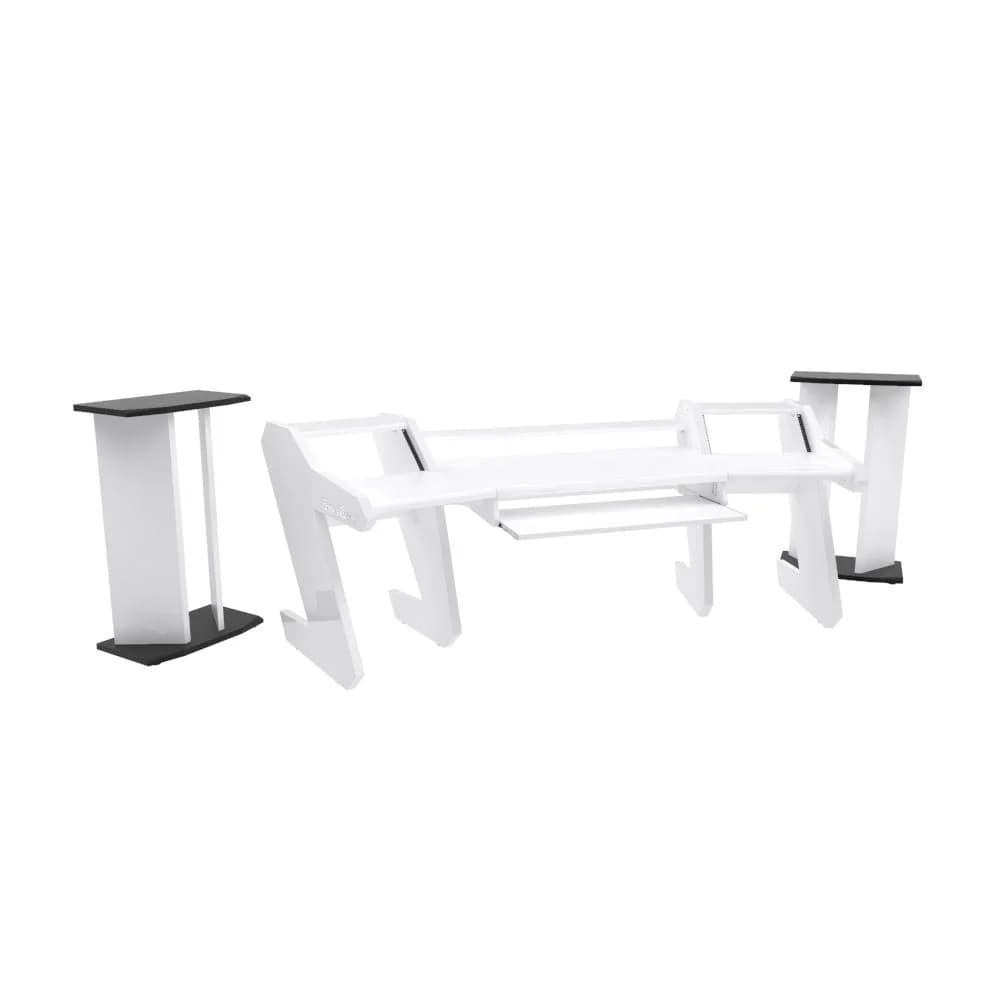 PRO LINE Classic Desk all White, Pull out & Speaker stands bundle